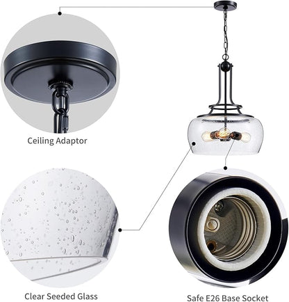 WUZUPS Chandelier Rustic Farmhouse Industrial Round Ceiling Pendant LED Light Fixture Clear Seeded Glass Shade for Dining Room Kitchen Island Foyer Entryway, H 20.9" x W 15.9", Black
