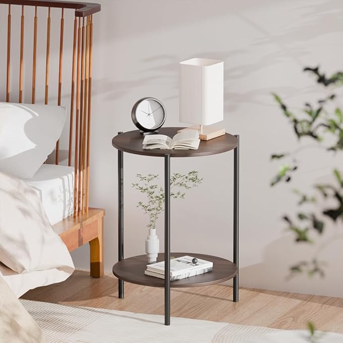 Side Table, Round End Table with 2-Layer Storage Rack, 15.7" Small Spaces Circle Table, Metal Frame Design Small Side Tables, for Living Room, Bedroom, Vintage Wood