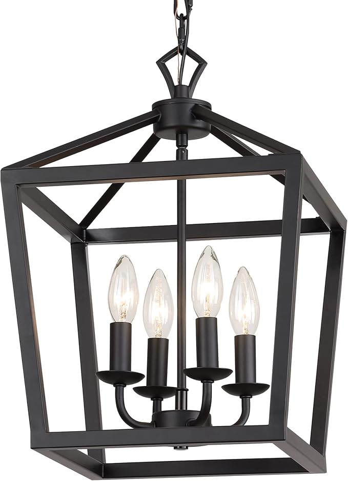 AMZASA Farmhouse Rustic Black Lantern Chandelier Hanging Light Fixture 4-Lights for Kitchen Island Dining Room Hallway Entryway Foyer UL Listed