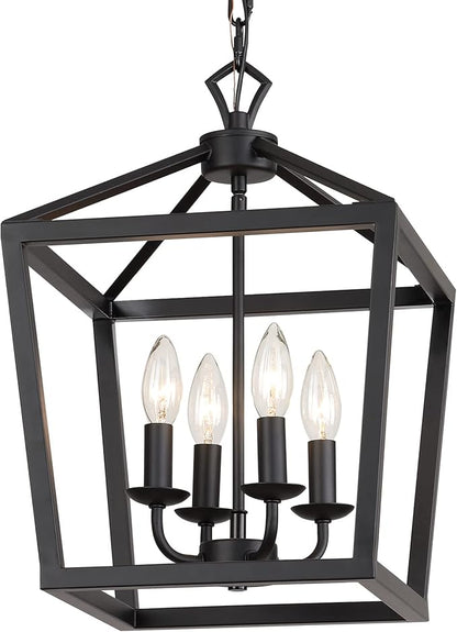 AMZASA Farmhouse Rustic Black Lantern Chandelier Hanging Light Fixture 4-Lights for Kitchen Island Dining Room Hallway Entryway Foyer UL Listed
