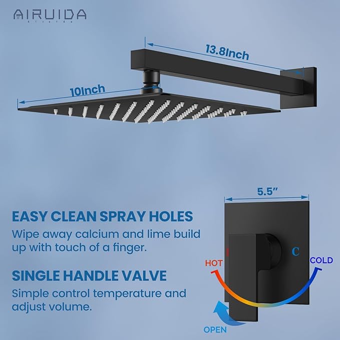 Airuida Shower Faucet Set Bathroom Rain Shower System SUS304 Stainless Steel Single Handle With Male Threads Rough-in Valve Shower Trim Kit 10 Inch Wall Mount Shower Head Matte Black