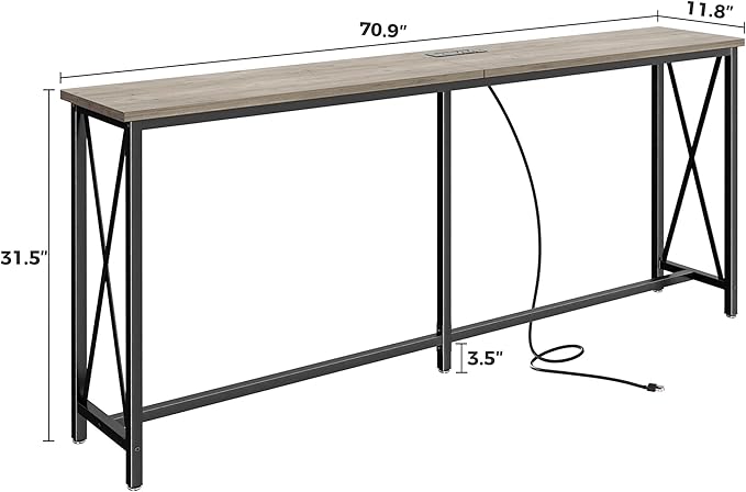 SUPERJARE 70 Inch Console Table with Outlets and USB-C Port, Extra Long Behind Couch Sofa Table with X-Shaped Design, Narrow for Entryway, Living Room, Metal Frame, Wooden Top, Grey Oak