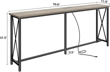 SUPERJARE 70 Inch Console Table with Outlets and USB-C Port, Extra Long Behind Couch Sofa Table with X-Shaped Design, Narrow for Entryway, Living Room, Metal Frame, Wooden Top, Grey Oak