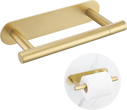 Self Adhesive Brushed Gold Toilet Paper Holder, SUS304 Stainless Steel Toilet Roll Holder, Double Base Paper Towel Holder Wall Mount No Drilling for Bathroom, Kitchen, Washroom