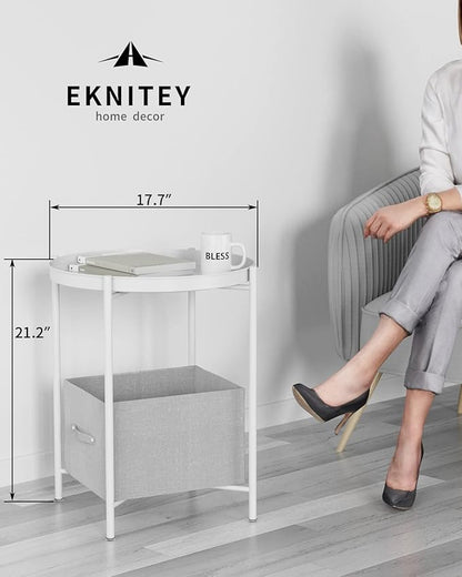 EKNITEY End Table,Folding Metal Side Table Waterproof Small Coffee Table Sofa Side Table with Removable Tray for Living Room Bedroom Balcony and Office