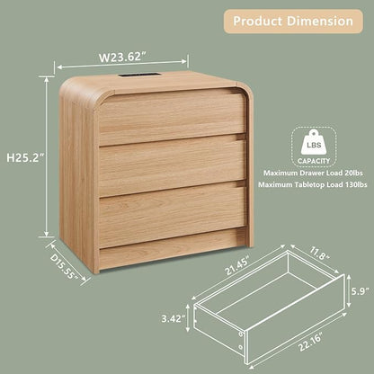 25" Tall Modern Nightstand Set of 2, 23.6" Wide Wood Bedside Table with Charging Station, 3 Storage Drawers Side Table w/Curved Profile Design,End Table for Bedroom, Natural Oak