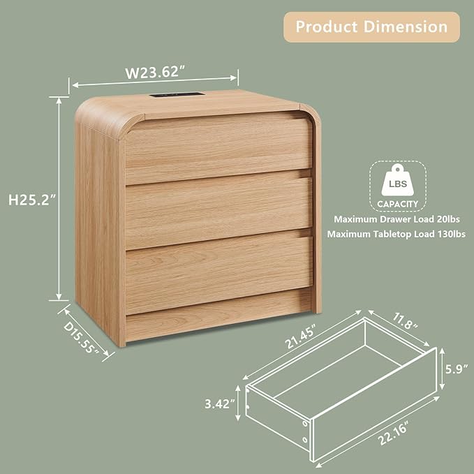25" Tall Modern Nightstand with Charging Station, 23.6'' Wide Wood Bedside Table w/3 Storage Drawers, Small Dresser w/Curved Profile Design, End Table for Bedroom, Natural Oak