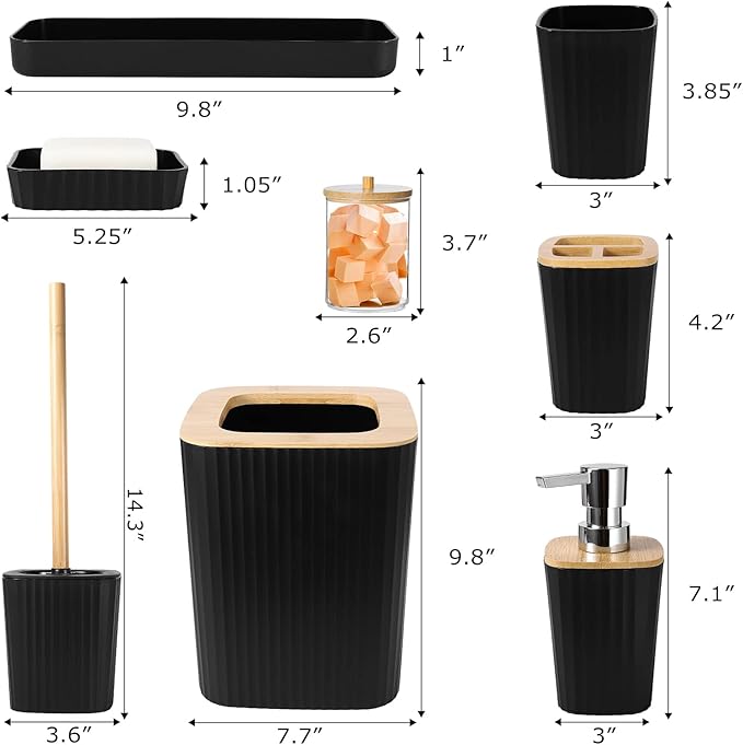 Black Bathroom Accessories Set, 9PCS Bathroom Accessory Set with Trash Can,Tray,Soap Dispenser,Toothbrush Holder,Toothbrush Cup,Soap Dish,Toilet Brush and Q-tip Holders for Housewarming