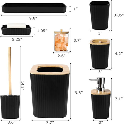 Black Bathroom Accessories Set, 9PCS Bathroom Accessory Set with Trash Can,Tray,Soap Dispenser,Toothbrush Holder,Toothbrush Cup,Soap Dish,Toilet Brush and Q-tip Holders for Housewarming