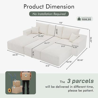 Boneless Sectional Cloud Couch Sofa Bed for Living Room, 112" Modular Modern Lounge 3 Seater Sleeper Beige Couches with Chaise, No Assemble, Cordury Compression Upholstered Sofas