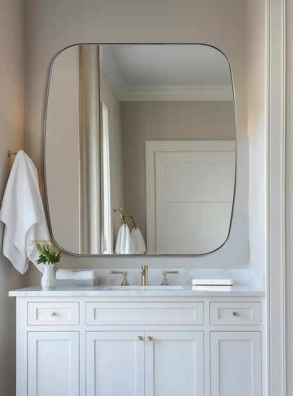 ANDY STAR Chrome Oblong Mirror, 36x40 Inch Polished Chrome Oval Mirror for Bathroom with Stainless Steel Metal Frame, Wall Mouned for Bathroom, Living Room, Entryway