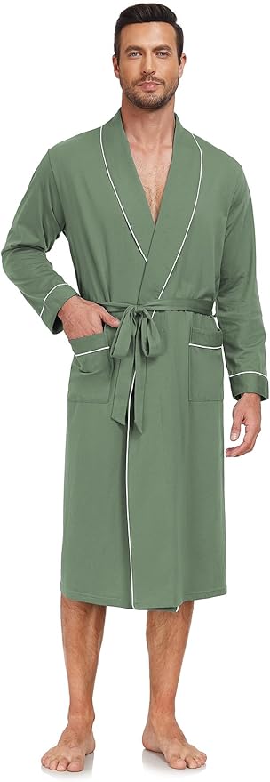 COLORFULLEAF Mens 100% Cotton Robes Lightweight Summer Long Bathrobe Sleepwear Soft Knit Spa Robe with Pockets