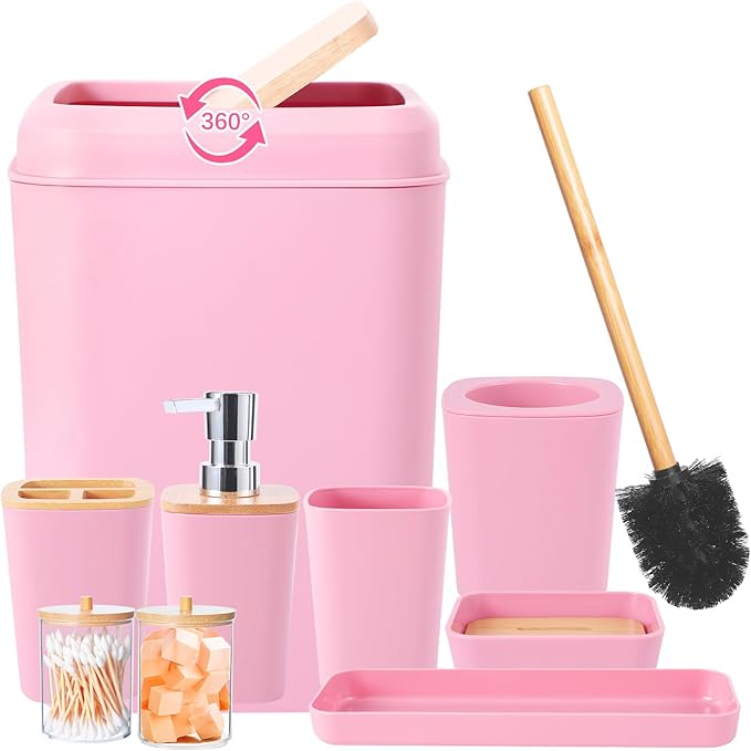 Bathroom Accessories Set, 9 Piece Pink Bathroom Decor Sets with Trash Can,Toothbrush Holder,Toothbrush Cup,Lotion Soap Dispenser,Vanity Tray,Soap Dish,Toilet Brush,Qtip Holder