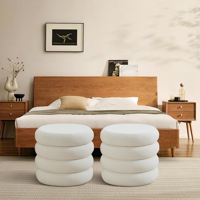 ONEVOG Round Storage Ottoman, 20" Small Ottomans Table with Removable Lid, Velvet Fabric Soft Footrest Stool for Couch, Upholstered Stuffed Circle Seat for Living Room/Bedroom/Dorm/Vanity, Lvory White