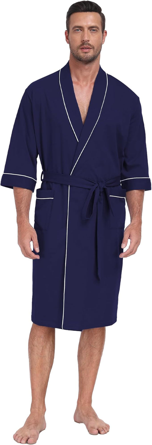 CF Men's Robe Cotton Bathrobe Soft Short Sleeve Bath Robes Shower Robe for Spa Soft Kimono Lightweight Sleepwear with Pockets