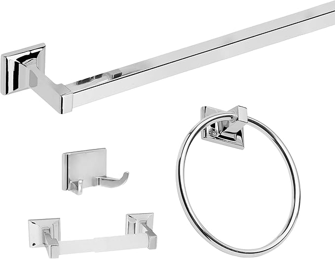 Design House Millbridge 4 Piece Bathroom Accessory Set, Towel Bar, Robe Hook, Toilet Paper Holder, Towel Ring, Easy Installation, Polished Chrome, 25.81 in L x 1.97 in W x 6.44 in H, Item 534628
