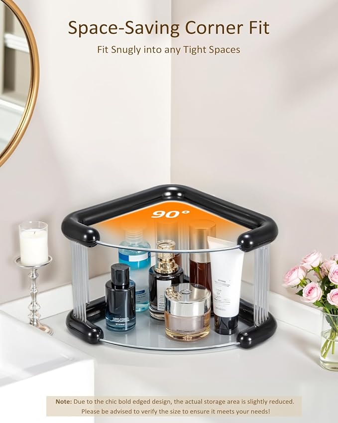 Corner Bathroom Counter Organizer, Perfume Skincare Organizers and Storage Countertop, Makeup Shelf for Vanity Dresser, Tiered Counter Top Skin Care Holder, 2 Tier, Black