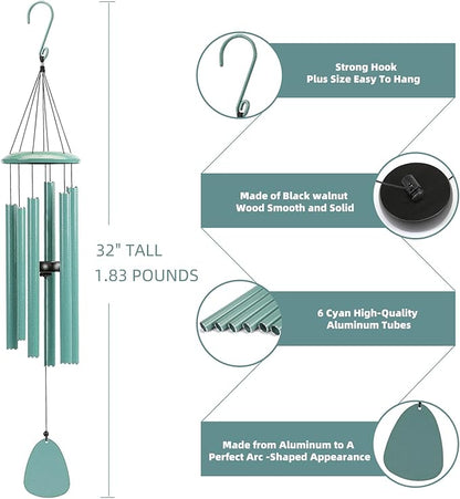 Wind-Chimes-Outdoor-Deep-Tone, Large Soothing Melodic Tones Windchimes, Wind Chimes for Outside, Memorial Wind Chime Best Gift for Mom Women Grandma Neighbors(32" Cyan Coated Aluminum)