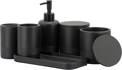 ZCCZ Black Matte Bathroom Accessories Set 6 Pieces - Toothbrush Holder, Lotion Dispenser, Qtip Container, Vanity Tray, Tumbler - Countertop Organizer for Bathrooms - Elegant and Functional Décor Set
