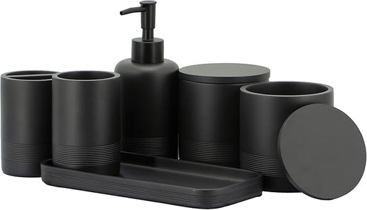 ZCCZ Black Matte Bathroom Accessories Set 6 Pieces - Toothbrush Holder, Lotion Dispenser, Qtip Container, Vanity Tray, Tumbler - Countertop Organizer for Bathrooms - Elegant and Functional Décor Set