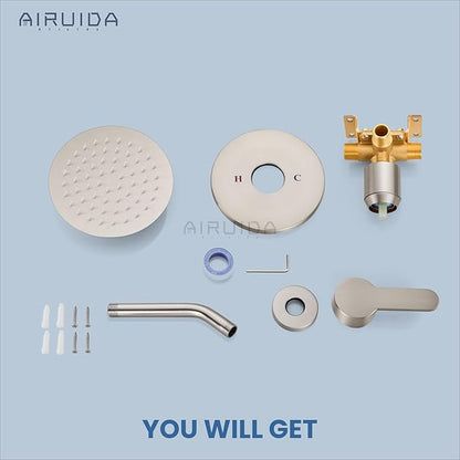 Airuida Shower Faucet Set,Single Function Shower Trim Kit,Wall Mount 6 Inch Round Rainfall Shower Head and Handle Set,Single Handle Shower System Set Male Threads Rough-in Valve Brushed Nickel