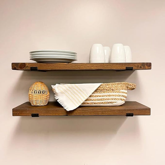 Rustic Shelves with J-Brackets Set of 2, Industrial Shelf, Kitchen Shelves, Solid Wood, Decorative Wall Storage, Heavy Duty, URBANDI (Provincial, 12Wx6D)