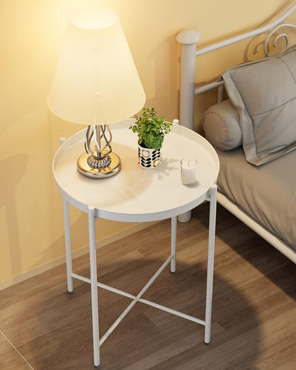 EKNITEY End Table,Folding Metal Side Table Waterproof Small Coffee Table Sofa Side Table with Removable Tray for Living Room Bedroom Balcony and Office
