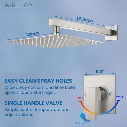 Airuida Shower Faucet Set Bathroom Rain Shower System SUS304 Stainless Steel Single Handle With Male Threads Rough-in Valve Shower Trim Kit 12 Inch Wall Mount Shower Head Brushed Nickel