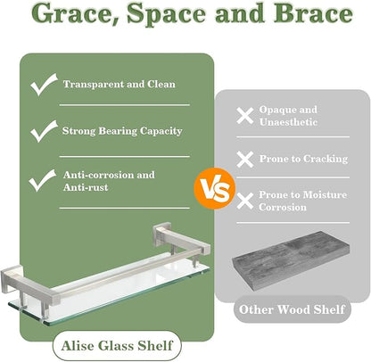 Alise Bathroom Glass Shelf with Stainless Steel Railing, Brushed Nickel Small Tempered Glass Floating Wall Shelf Over The Toilet, 16 inch