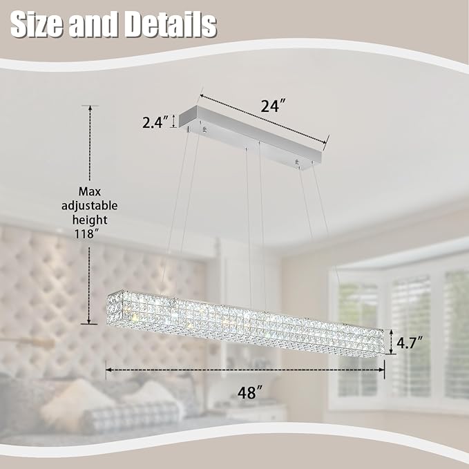 W48 Modern Rectangular Crystal Chandeliers Dining Room Chandelier,Silver Pendant Light Fixture with Remote Control for Living Room Kitchen Island