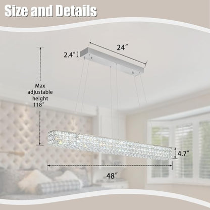 W48 Modern Rectangular Crystal Chandeliers Dining Room Chandelier,Silver Pendant Light Fixture with Remote Control for Living Room Kitchen Island