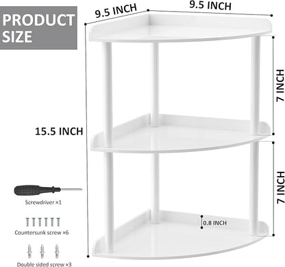 3 Tier Acrylic Corner Shelf Organizer Storage 9.5x9.5x15.7 Inch, White Countertop Corner Shelf for Bathroom, Kitchen, Bedroom, Office, Study Room