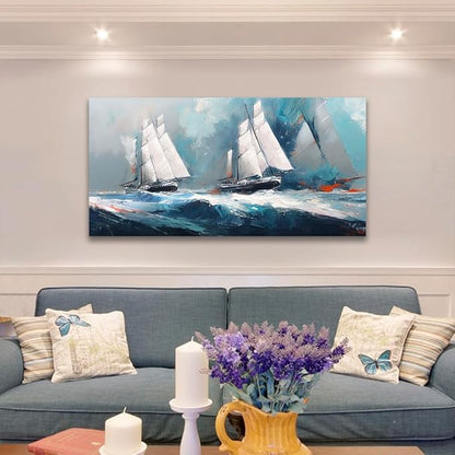 RUISHI Ocean Wall Art For Living Room Abstract Sailboat Canvas Nautical Painting Teal Blue Textured Print Coastal Themed Picture Artwork for Bedroom Bathroom Home Office Decoration 40L x 20W
