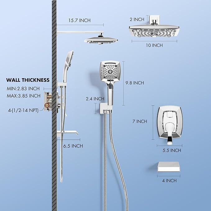 ELLO&ALLO Shower Faucet Set Mixing Valve and Trim Kit, Complete Shower System with Tub Spout, Chrome