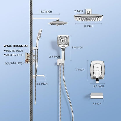 ELLO&ALLO Shower Faucet Set Mixing Valve and Trim Kit, Complete Shower System with Tub Spout, Chrome