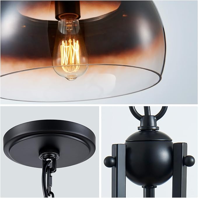 WUZUPS Chandelier Rustic Farmhouse Industrial Round Ceiling Pendant LED Light Fixture with Amber Gradient Black Glass Shades for Dining Room Kitchen Island Foyer Entryway, H 17" x W 13.4", E26 Base