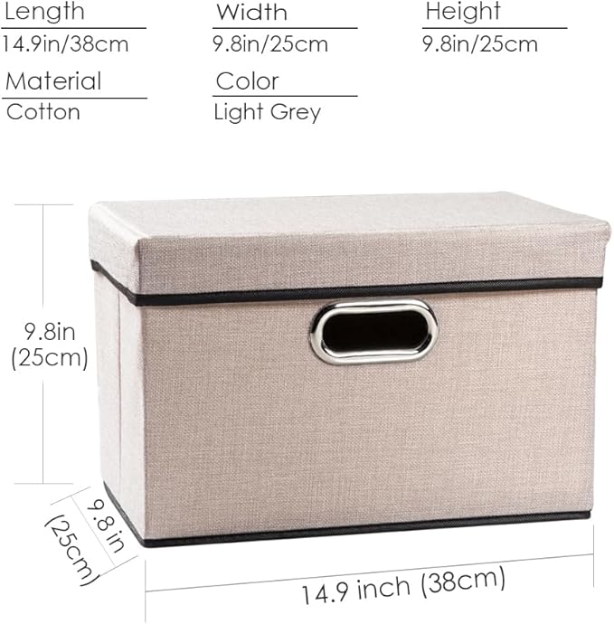 PRANDOM Foldable Storage Bin with Lid [1-Pack] Linen Fabric Decorative Storage Box Organizer Container Basket Cube with Handles Divider for Closet Office Living Room Light Grey(14.9x9.8x9.8)