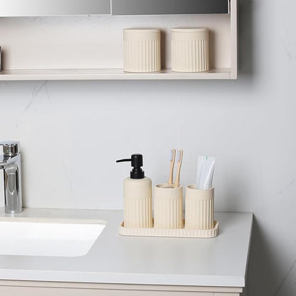 Bathroom Accessory Set - 6 Pieces Bathroom Accessories Set Complete with Soap Dispenser, Toothbrush Holders, Tumbler, Vanity Tray and 2 Qtip Holder for Home Organizer and Decor, Beige