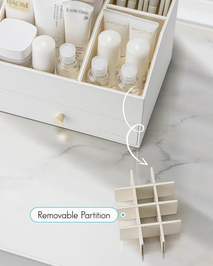 Vlando Makeup Organzier,Vanity Organizer with Drawers, PU Leather Skincare Organizer Perfume Organizer,Large Cosmetic Display Case for Lipstick,Brushes Gifts for Women-White