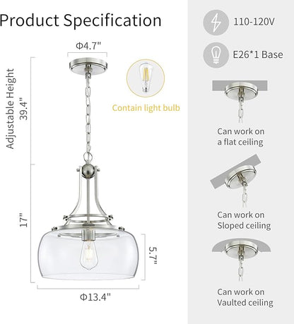 WUZUPS Chandelier Rustic Farmhouse Industrial Round Ceiling Pendant LED Light Fixture with Clear Glass Shades for Dining Room Kitchen Island Foyer Entryway, H 17" x W 13.4", E26 Base, Brushed Nickel