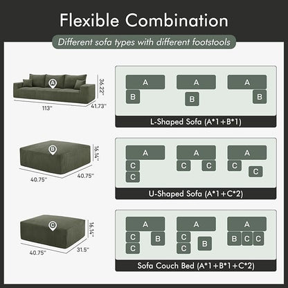 Boneless Sectional Cloud Couch Sofa for Living Room, 112" U-Shaped Modular Modern Lounge Sleeper Green Couches with Chaise, No Assemble, Cordury Compression Upholstered Sofas