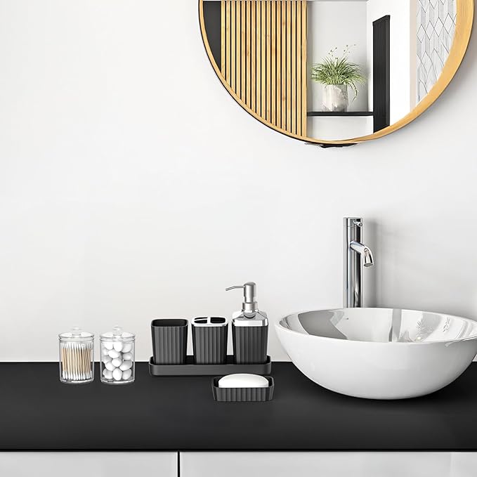 Umimile Black Bathroom Accessories Set, 9-Piece Bathroom Set with Toothbrush Holder, Toothbrush Cup, Soap Dispenser, Soap Dish, Vanity Tray, Toilet Brush Holder, Qtip Holder and Trash Can