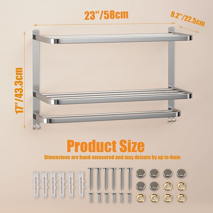 DDS-DUDES 3-Tier Towel Racks for Bathroom with Towel Bars Multilayer Hotel Towel Shelf Stainless Steel Wall-Mounted Brushed Finish Holder with Towel Shelves 23 Inches