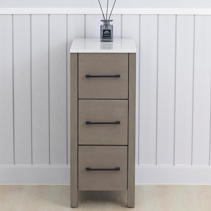 Vanity Art 12 Inch Bathroom Cabinet 3 Dove-Tailed Drawers with Engineered Marble Top Side Storage Organizer Freestanding Single Vanity VA3112-DG