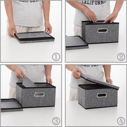 PRANDOM Storage Bins with Lids [3-Pack] Linen Fabric Foldable Storage Boxes Organizer Containers Baskets Cube with Cover for Home Bedroom Closet Office Nursery Grey（11.4X8.6X6.7