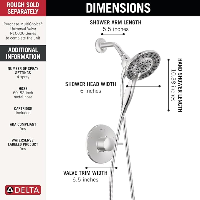 Delta Faucet Albion 14 Series Single-Handle Shower Faucet, Chrome Shower Trim Kit with 4-Setting In2ition 2-in-1 Dual Hand Held Shower Head with Hose, Chrome T142855-I (Valve Not Included)