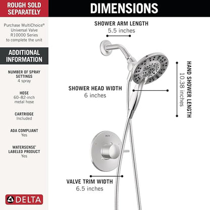 Delta Faucet Albion 14 Series Single-Handle Shower Faucet, Chrome Shower Trim Kit with 4-Setting In2ition 2-in-1 Dual Hand Held Shower Head with Hose, Chrome T142855-I (Valve Not Included)