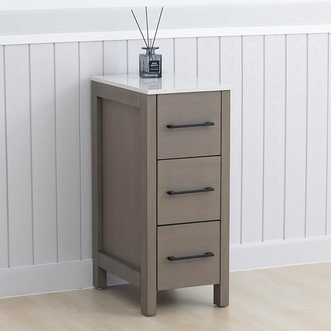 Vanity Art 12 Inch Bathroom Cabinet 3 Dove-Tailed Drawers with Engineered Marble Top Side Storage Organizer Freestanding Single Vanity VA3112-DG