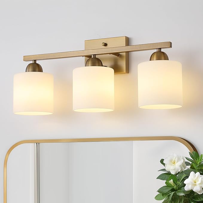 Stainless Steel Milk Glass Vanity Lights for Bathroom, 3 Light Brass Bathroom Light Fixtures Over Mirror, Ceramic E26 Sockets Wall Mounted