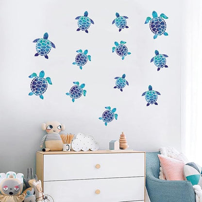 12pcs Sea Turtle Vinyl Stickers Underwater Ocean Decals Waterproof Wall Sticker Home and Bedroom Decoration, DIY Accessories, Blue